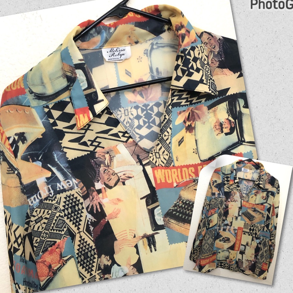 MELISSA ROBYN Womens Large Vintage Print Long Sleeve Pullover V-Neck Blouse Top